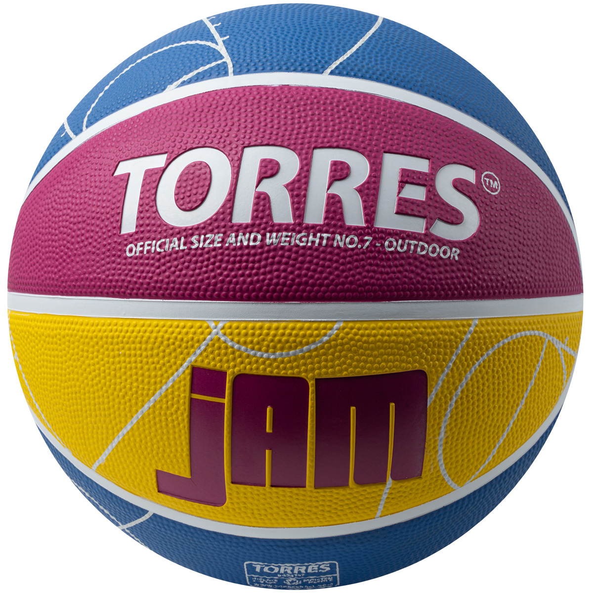 Мяч баск. TORRES Jam, B023127, р.7, резина, нейлон. корд, бут. кам., син-желто-малиновый