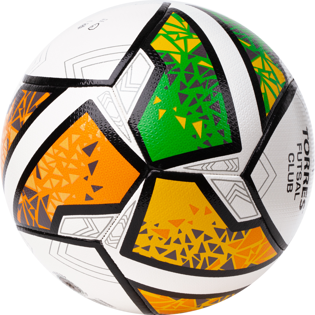 Мяч футзал. TORRES Futsal Club, FS323764, р.4, 10 пан. ПУ, 4 под. сл, гибрид. сш. бело-зел-оранж