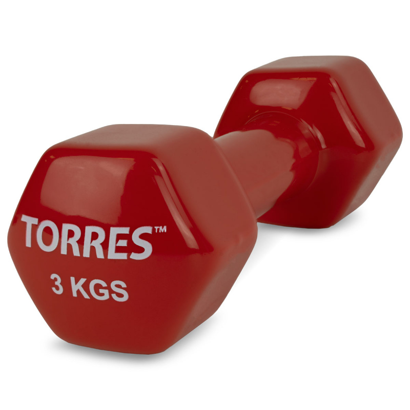 Гантель TORRES 3 кг, PL522205, металл в виниловой оболочке, форма шестигранник, красный