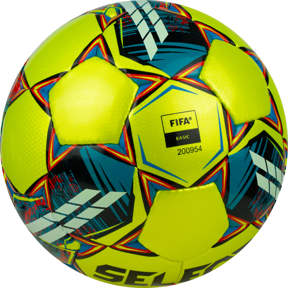 Мяч футзал. SELECT Futsal Mimas, 1053460550, р.4,FIFA Basic, 32 пан, гл.ПУ, руч.сш, жел-сине-красный