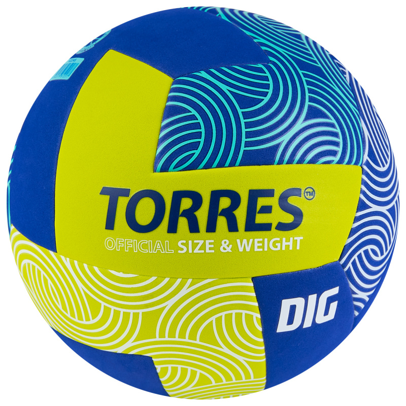 Мяч вол. TORRES Dig, V22345, р.5, синт.кожа (ТПЕ), клееный, бут.кам,салатово-синий