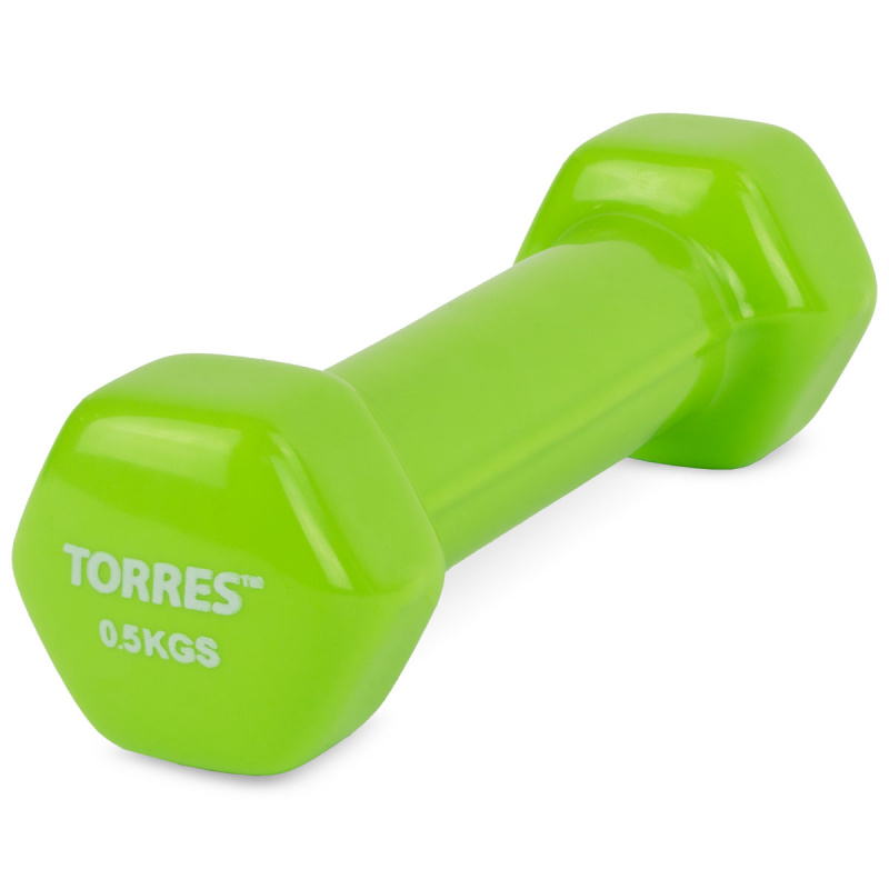 Гантель TORRES 0,5 кг, PL522201, металл в виниловой оболочке, форма шестигранник, салатовый