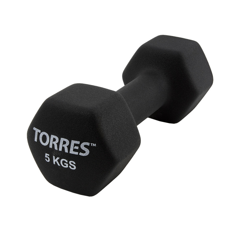 Гантель TORRES 5 кг, PL55015, металл в неопреновой оболочке, форма шестигранник, черный