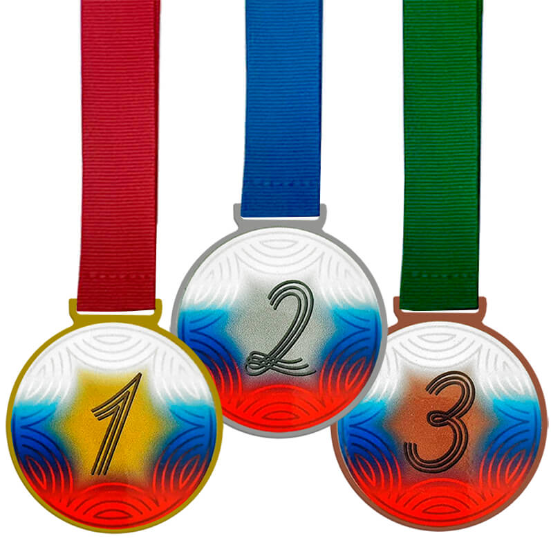 Комплект медалей Аманита 1,2,3 место с лентами (красная, синяя, зеленая)