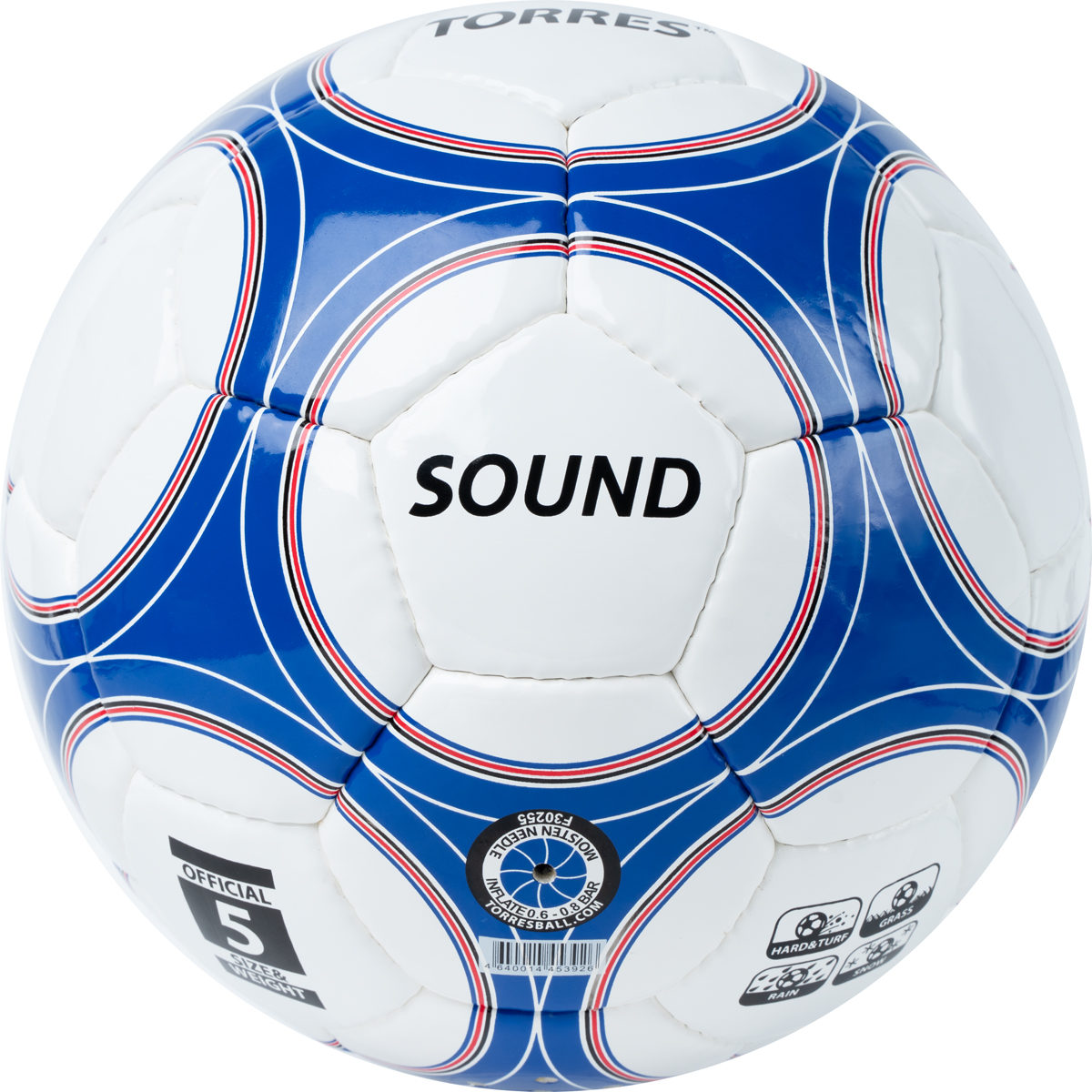 Мяч футб. TORRES Sound, F30255, р.5, со звук.панелями, 32 п,гл.PU,4 слоя, руч. сш, бело-син-чер