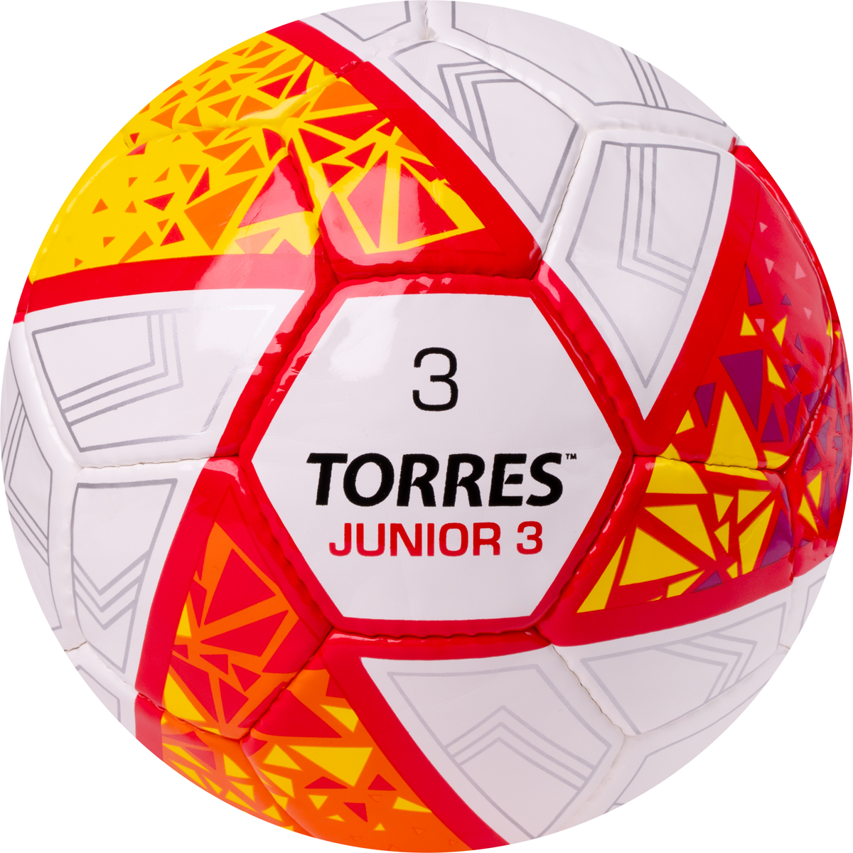 Мяч футб. TORRES Junior-3, F323803, р.3,глянц.ПУ, 4 сл, 32 п,руч.сш,бел-крас-жел