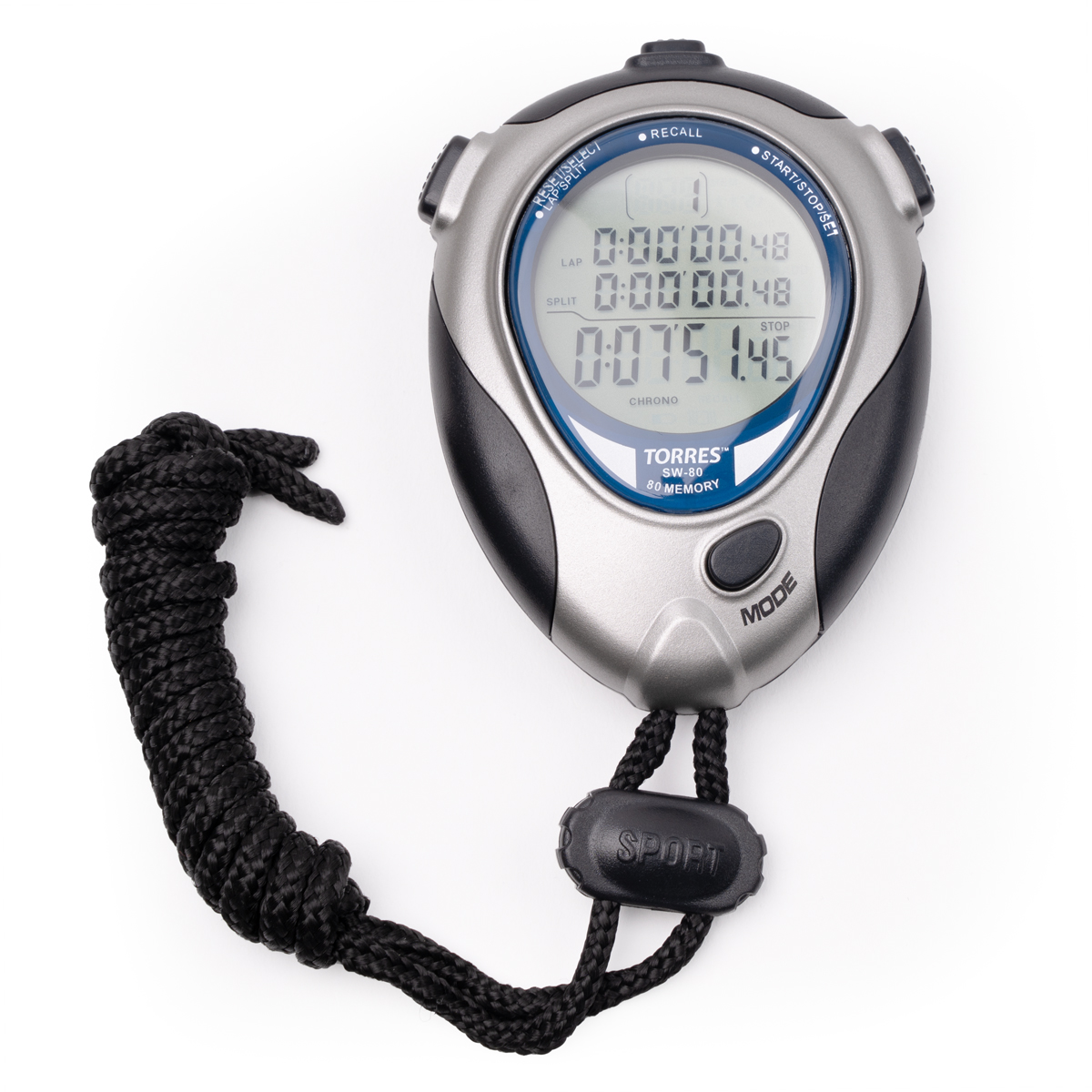 Секундомер проф. TORRES Professional Stopwatch, SW-80,до-20С, 80 яч.пам.,тайм.,сер-син-чер NEW