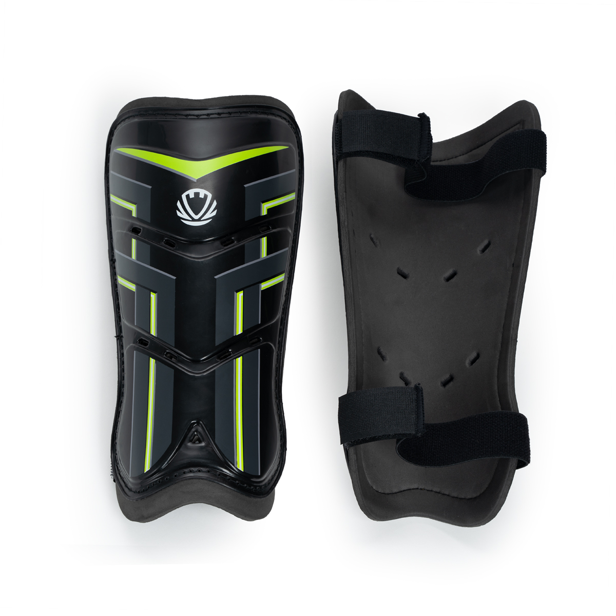 Щитки футбольные TORRES Training, FS2306L,р.L, без голеностопа, две заст. на лип, черно-салатовый