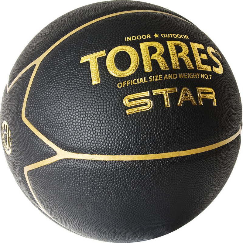 СЦ*Мяч баск. TORRES Star, B32317, р.7, 7 панел.,ПУ-композит, нейлон. корд, бут.кам., черно-золотой