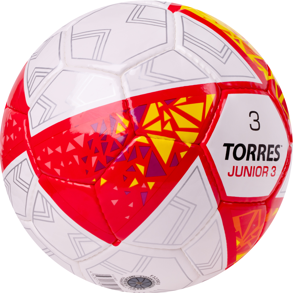 Мяч футб. TORRES Junior-3, F323803, р.3,глянц.ПУ, 4 сл, 32 п,руч.сш,бел-крас-жел