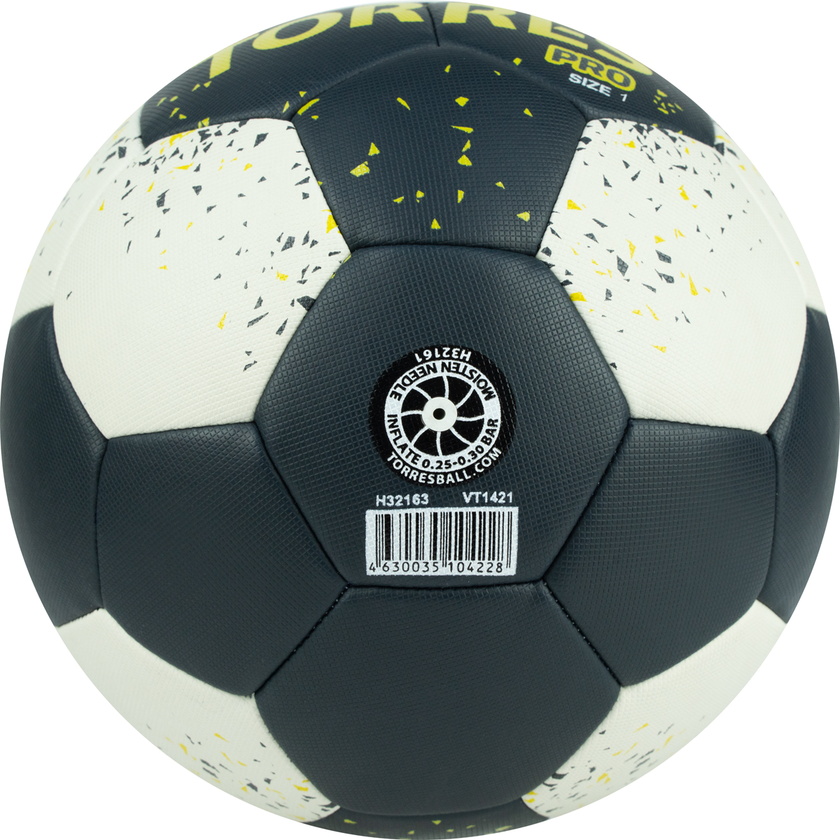 Мяч ганд. TORRES PRO, H32161, р.1, ПУ, 4 подкл. слоя, гибрид. сшивка, черно-бел-желт
