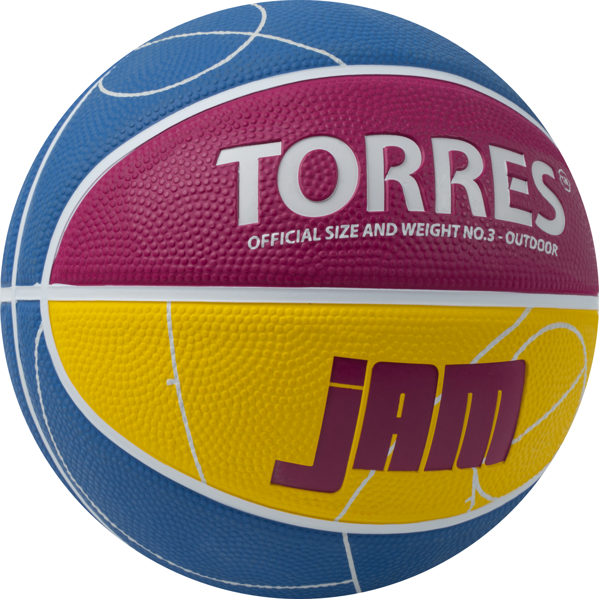 Мяч баск. TORRES Jam, B023123, р.3, резина, нейлон. корд, бут. кам., син-желто-малиновый
