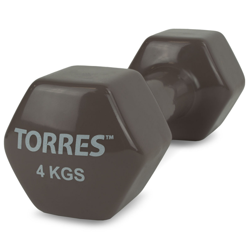 Гантель TORRES 4 кг, PL522206, металл в виниловой оболочке, форма шестигранник, темно-серый
