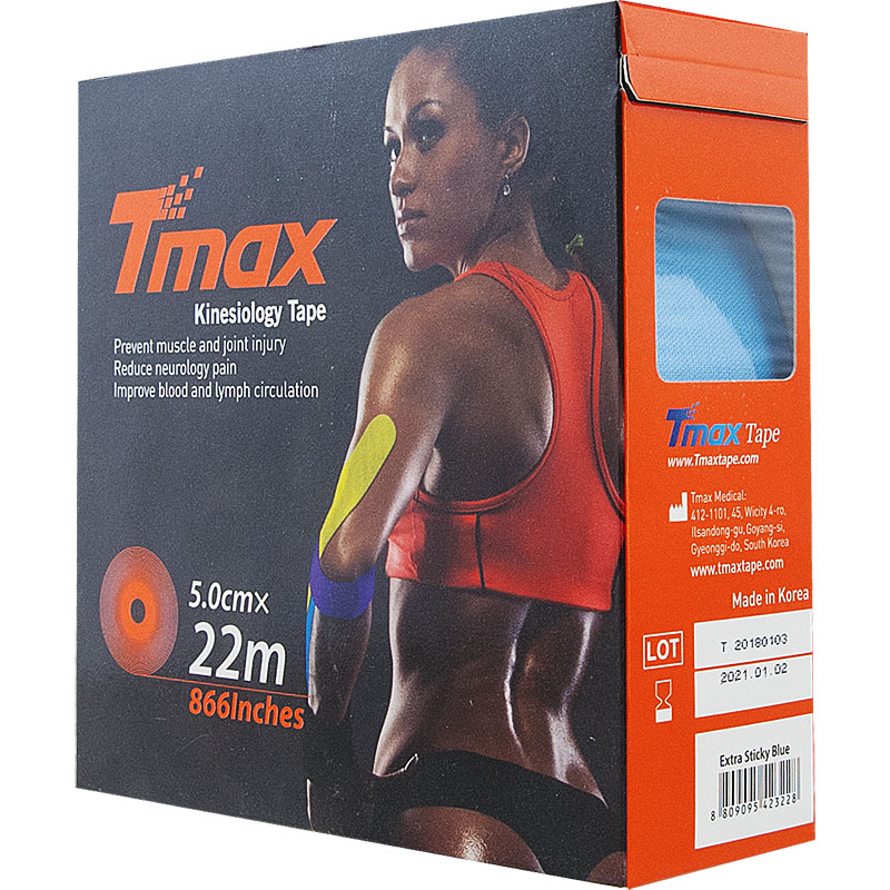 Тейп кинезиологический Tmax 22m Extra Sticky Blue (5 см x 22 м), 223228, голубой