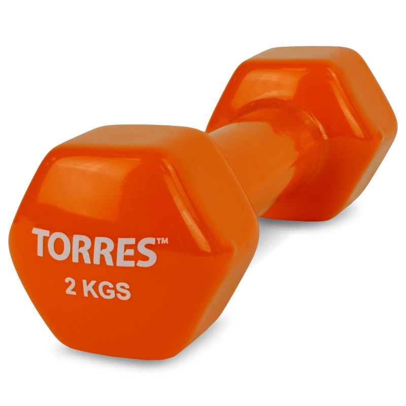Гантель TORRES 2 кг, PL522204, металл в виниловой оболочке, форма шестигранник, оранжевый