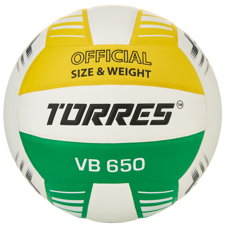 Мяч вол. TORRES VB 650, V32425, р.5, синт.кожа полиуретан, клееный, бут.кам, бел-зелено-желт