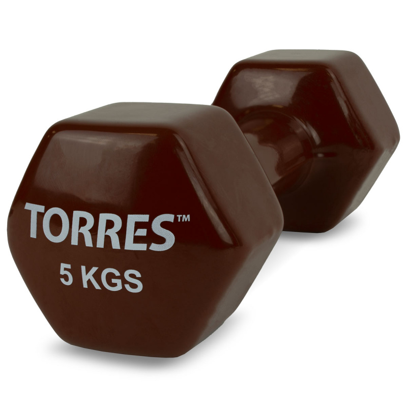 Гантель TORRES 5 кг, PL522207, металл в виниловой оболочке, форма шестигранник, коричневый