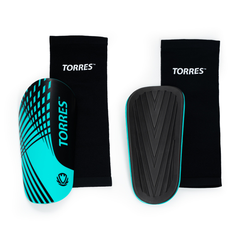 Щитки футбольные TORRES Pro, FS2308S, р. S, без голеностопа, без заст., эласт.чулок, черно-бирюзовый