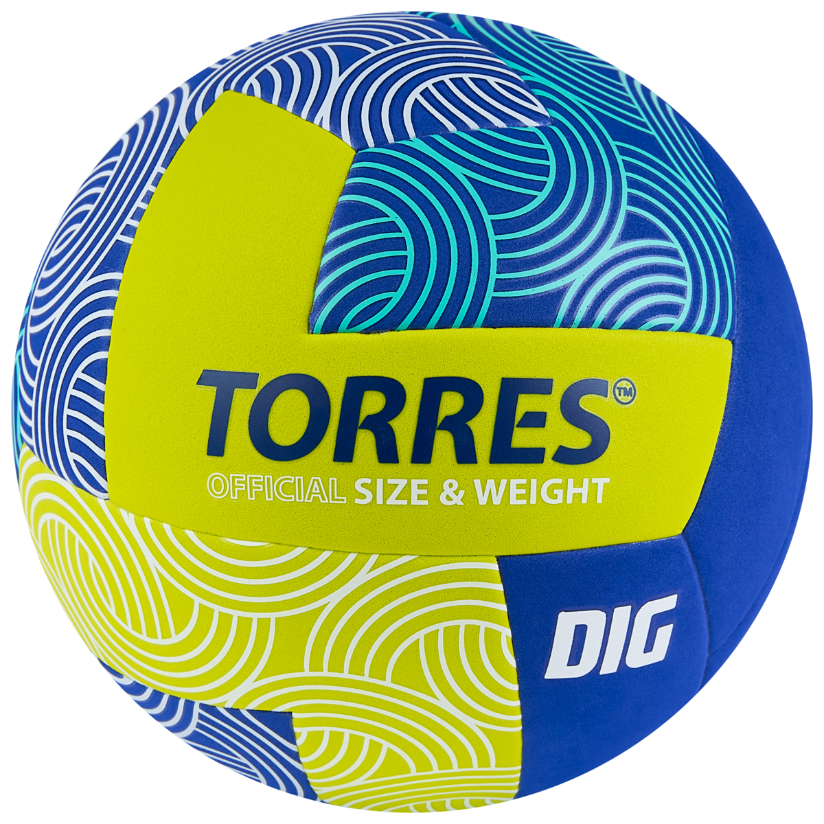 Мяч вол. TORRES Dig, V22345, р.5, синт.кожа (ТПЕ), клееный, бут.кам,салатово-синий